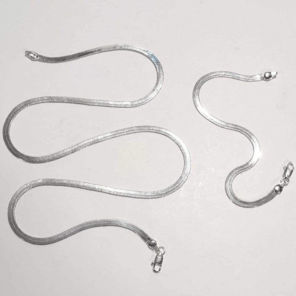 925 Sterling Silver Herringbone Necklace Bracelet Set Bundle Birthday Gift NEW! - Picture 1 of 4